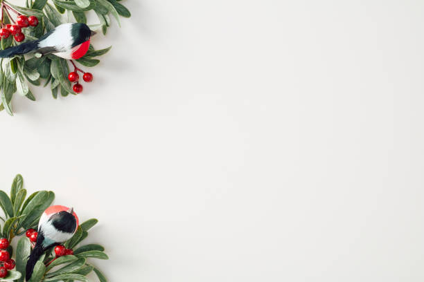 istock Christmas branches with red berries and decorative birds on white background. Xmas greeting card template. Flat lay, top view, copy space. 2185258556