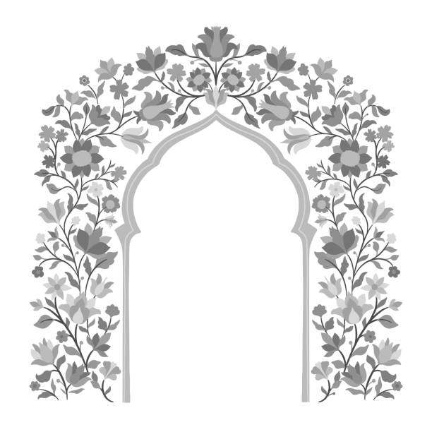 Mughal decorative ornamental floral arch. Vintage intricate traditional mughal style with flowers and foliage. Vector illustration.