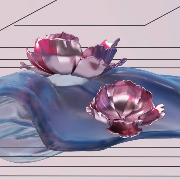 The artwork features fluid, flowing shapes incorporating textures from the nature interacting in a delicate dance, set against a white/gray backdrop that enhances their ethereal beauty.
