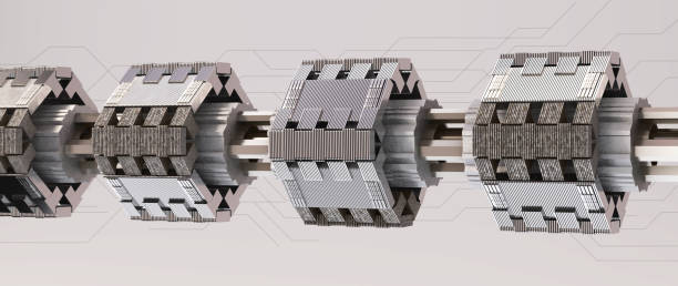Intricate geometric shapes arranged in a repeating pattern, creating a visually striking effect against a gray backdrop.
