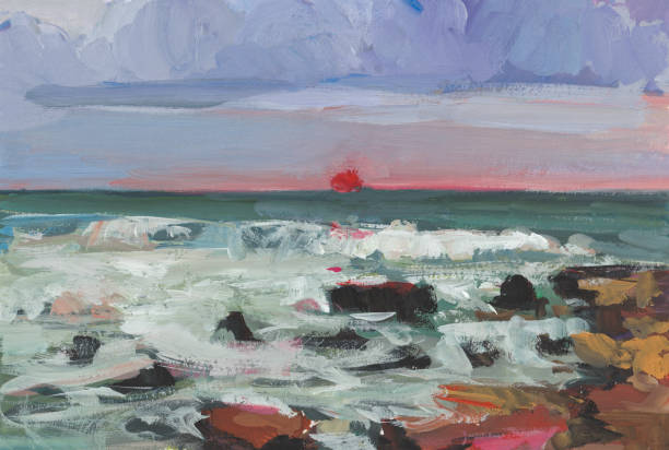 istock Sunset sea sun. Colorful painted illustration. 2185272558