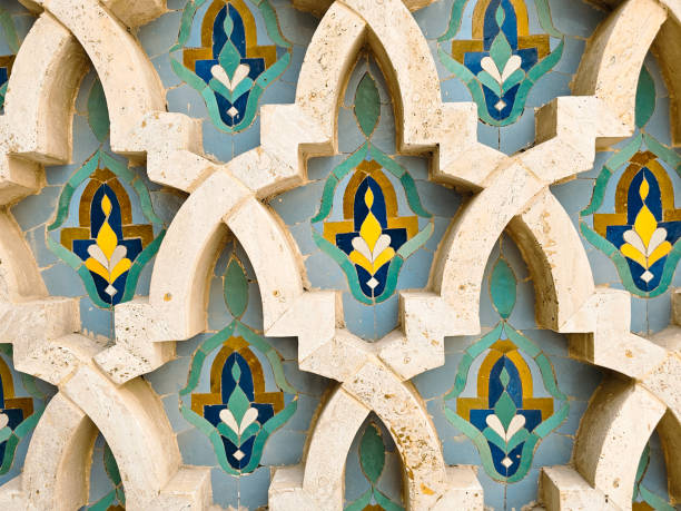 istock beautiful Moroccan Colorful zellige tiles pattern - Mosaic pattern, traditional Islamic Moroccan geometric design in the Exterior of Hassan II Mosque w 2185275823
