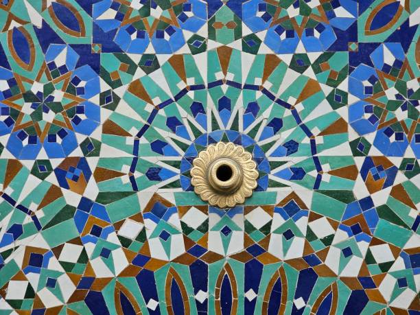 istock beautiful Moroccan Colorful zellige tiles pattern - Mosaic pattern, traditional Islamic Moroccan geometric design in the Exterior of Hassan II Mosque w 2185275827