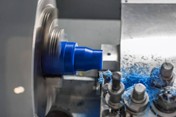 Cnc machine. The CNC lathe machine or Turning machine. Turning numerical control machine with tools and chuck. Inside view of a cnc machine. CNC lathe interior.