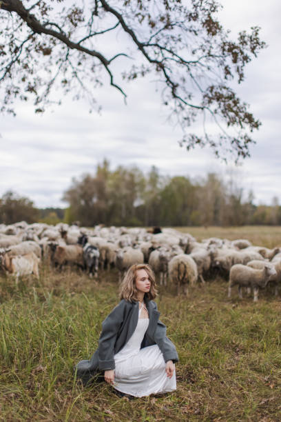 istock Blonde woman in coat in field with sheep 2185281003