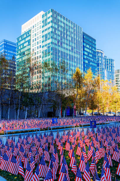 Boston, Massachusetts, USA - November 13, 2024: The Massachusetts Fallern Heros Memorial on the Seaport Common in Boston's Seaport District. The memorial honors the Commonwealth's brave servicemen and women who lost their lives fighting for our freedoms since September 11, 2001. Massachusetts Fallen Heroes, a non-profit organization, memorializes Massachusetts' fallen and provides programs and services for our Veteran and Gold Star Family community.