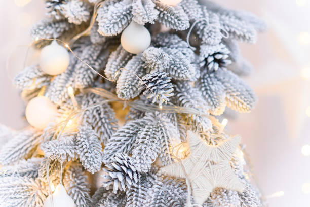 istock Close up of white decorations on artificial white Christmas tree with with snow. 2185293350