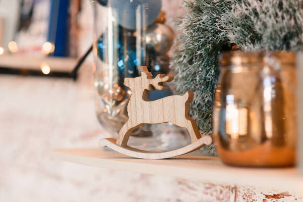 istock Christmas composition with beautiful decoration, Christmas tree, wooden deer and other accessories 2185293626