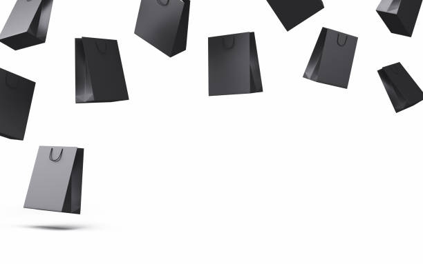 3d Render Black Cardboard Shopping Bags Falling Down From Above, Shopping discount days concept, Object + Shadow Clipping Path