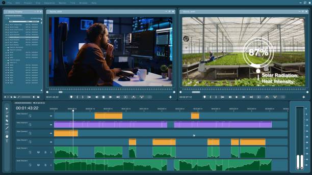 interfaccia software di editor video utilizzata per il ritocco professionale delle clip - editor foto e immagini stock