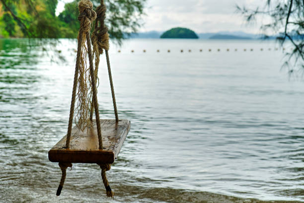 Pristine beach with turquoise water and rope swing, green foliage. HQ photo