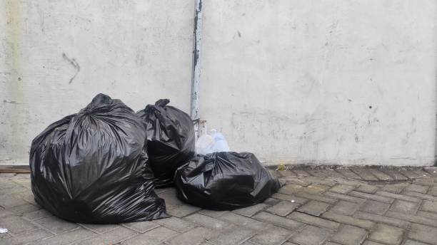 istock A group of black plastic garbage bags filled with trash placed on a paved surface near a white weathered wall with a weathered metal pipe, symbolizing waste disposal in an urban area. 2185299501