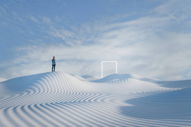 Woman walking surreal fantasy landscape
