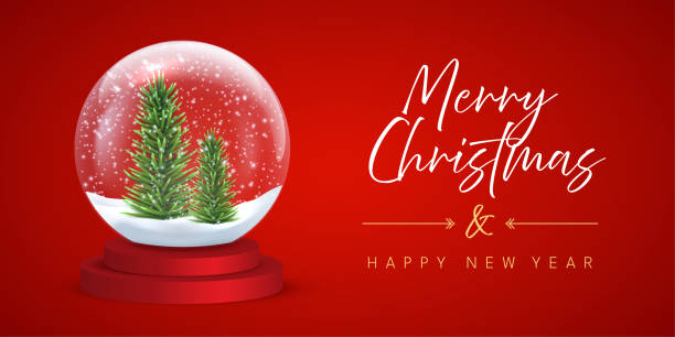 istock Snow globe with snowflakes and Christmas tree on red background with festive congratulations. Happy New Year greeting card vector template. Xmas horizontal social media banner, poster, postcard 2185302100