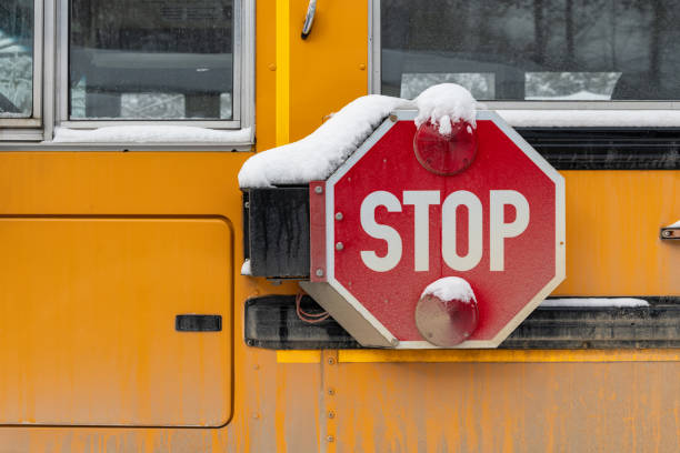 Classic yellow school bus is parked on a street in new york city, with pedestrians walking by