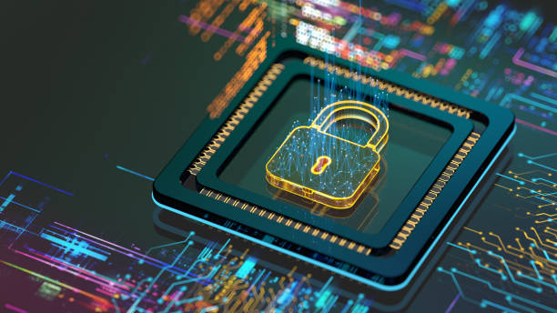 istock Digital security concept. protect data. lock sign on digital CPU. close up, dof effect 2185307455