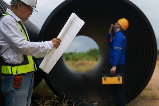 istock Senior engineer works with site engineer at huge tunnel tube, infrastructure project new local road urban project. 2185310115