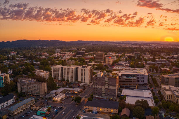 istock Aerial View of Eugene, Oregon Skyline at Sunset 2185312685