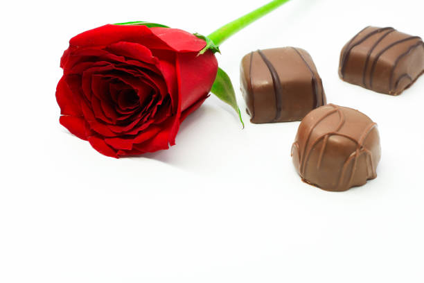 Roses and chocolates closeup on white background, valentine's day