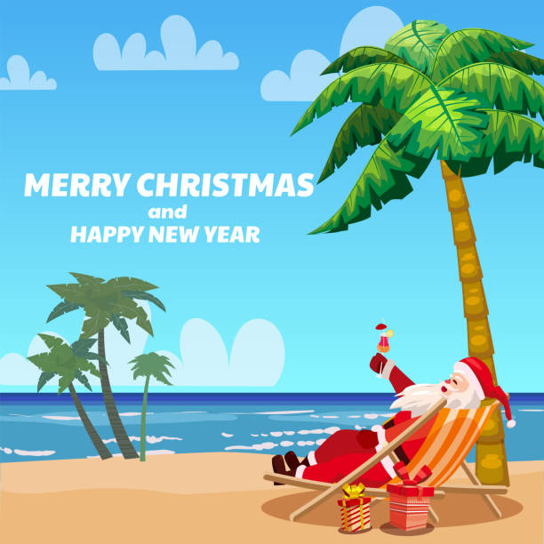 istock Merry Christmas card, Santa Claus on the resort tropical 2185314782