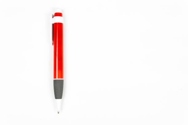Red ballpoint pen with black rubber. White background.