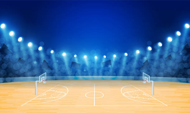 istock Basketball arena field with bright stadium lights design. Vector illumination 2185323179