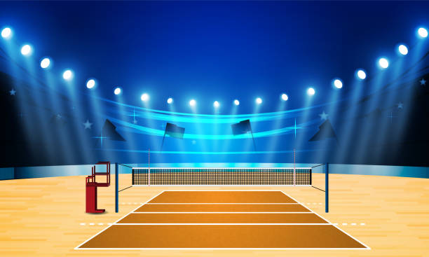 istock Volleyball court arena field with bright stadium lights design. Vector illumination 2185323930