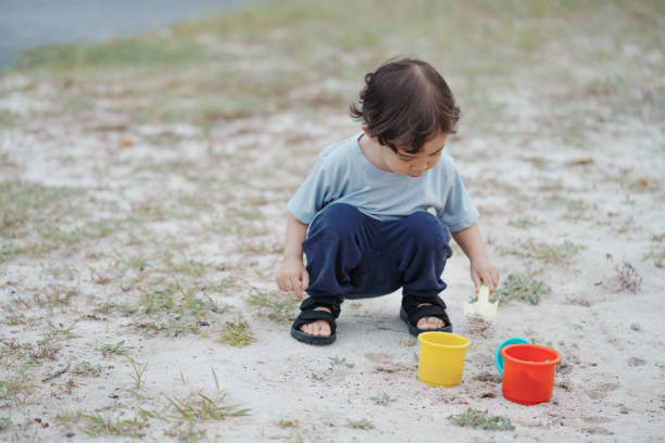 Cute Asian boy having fun while playing on the playground on sunny day. Outdoor activity.