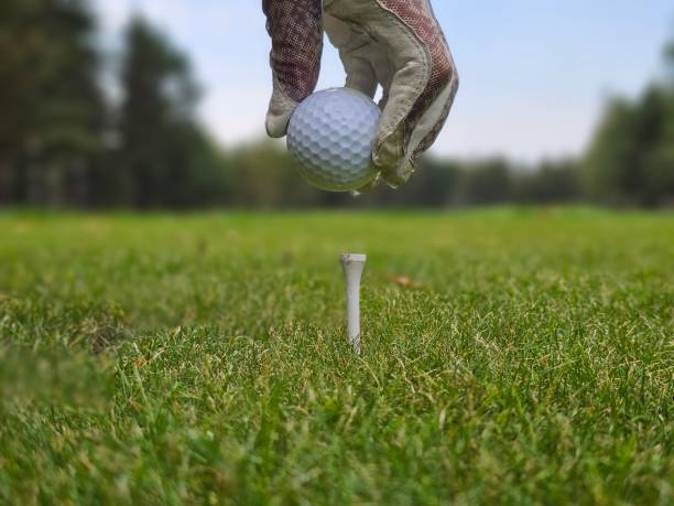 istock Golf ball being placed on a tee in the morning light at a lush green golf course 2185330123
