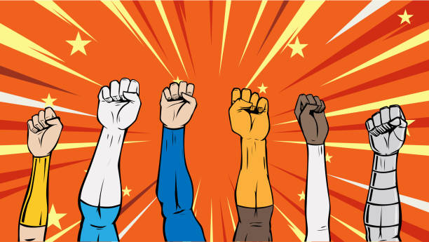 A retro style pop art vector illustration of a set of superhero fists in up in the air. Wide space available for your copy.