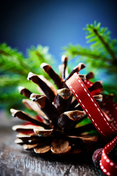 Christmas decoration on rustic wooden background. Close up.
