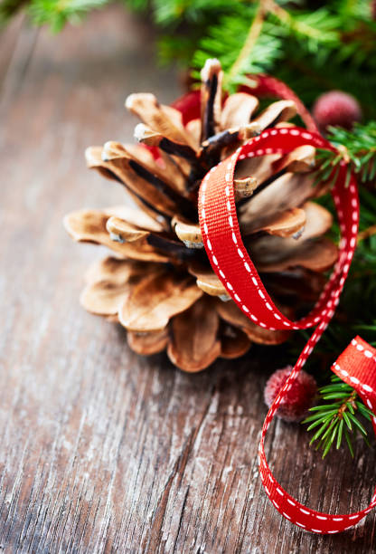 Christmas decoration on rustic wooden background. Close up.