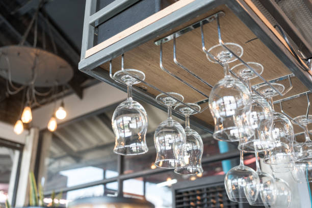 istock Wine glasses hanging from ceiling in a cafe 2185337623