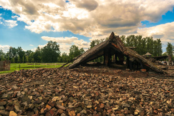 Oswiecim, Poland, August 13, 2022 Crematorium ruins, destroyed crematorium of Auschwitz-Birkenau concentration camp, a historical site, editorial image