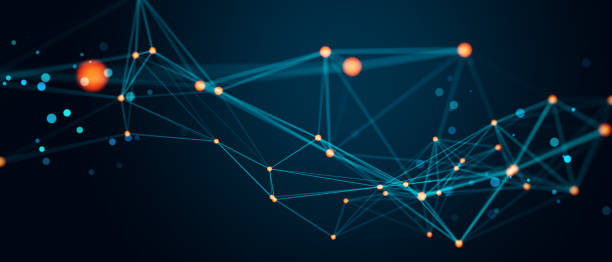 istock Abstract digital network showing lines and nodes connected, glowing in blue and orange, on a dark background. Concept of technology connections. 3D Rendering 2185341010