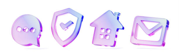 istock 3d set of glass holographic transparent ui icon. Rainbow crystal speech bubble, security shield with tick sign, home, email envelope with hologram gradient texture for app, web design 2185341225