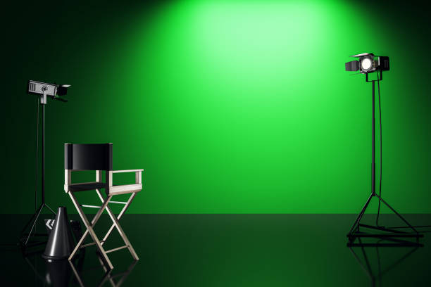 istock Director's chair and studio lights on a green screen set. 3D Rendering 2185341286