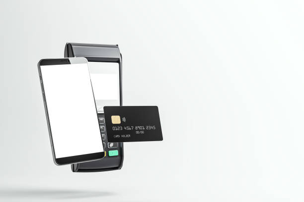Mobile device, credit card, and card reader for contactless payment on a light background. Concept of digital financial transactions. 3D Rendering