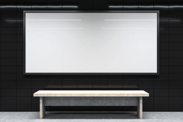 istock Blank billboard mockup with bench in modern interior subway station, black tiled wall, and empty space for advertising concept. 3D Rendering 2185341344