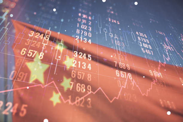 istock Multi exposure of abstract statistics data hologram interface on flag of China and blue sky background, computing and analytics concept 2185344945