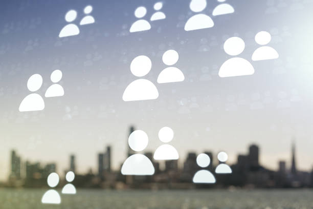 Abstract virtual social network hologram on blurry skyscrapers background. Double exposure