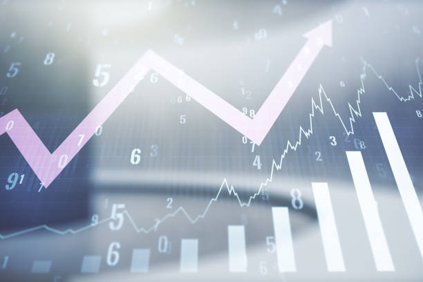 istock Abstract virtual financial graph hologram and upward arrow on empty corporate office background, forex and investment concept. Multiexposure 2185345102