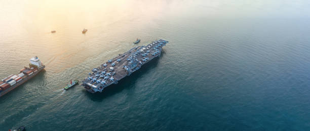 istock Nuclear War Ship, Military navy ship carrier full loading fighter jet aircraft for prepare troops. forwarder mast. Side view of War Ship. 2185352989
