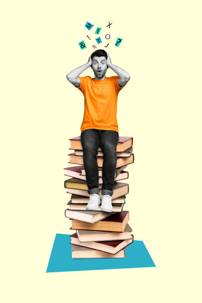 istock Vertical collage image of impressed mini black white effect guy letters mess head sit huge pile stack book isolated on beige background 2185353601