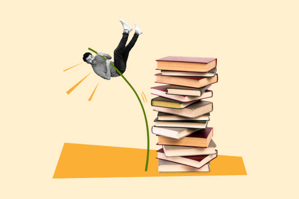 istock Collage image of excited mini black white effect guy jump rope vault big pile stack book isolated on beige background 2185353605