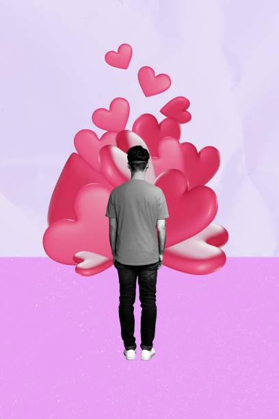 istock Vertical brochure image collage of funny guy looking huge pink heart figures isolated on drawing background 2185353635