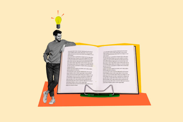 istock Creative collage picture of mini black white colors guy light bulb above head big opened book holder isolated on beige background 2185355214