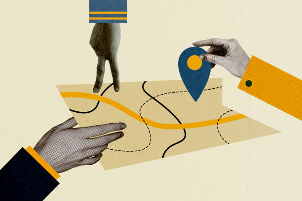 Creative conceptual picture collage of human fingers planning map route trip navigation in unknown country isolated on beige background