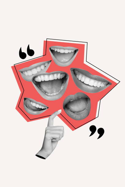 istock Vertical collage image of black white effect arm finger quote bubble talking mouth smile tongue lick teeth isolated on creative background 2185355599