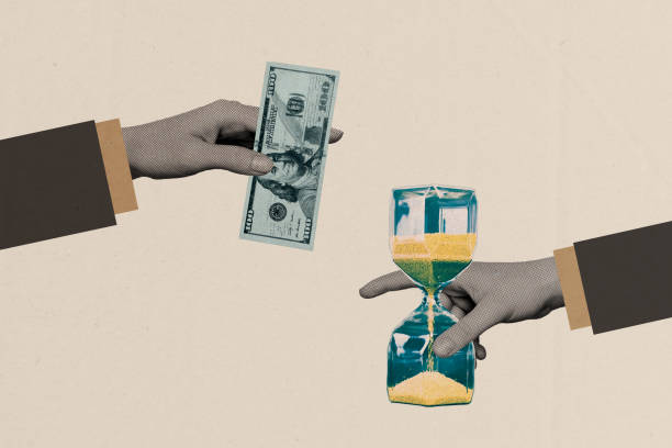 Artwork collage image of two black white effect arms hold dollar bills banknotes glass sand clock isolated on paper beige background